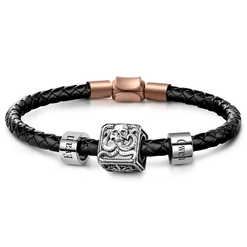 Crusu Vintage Bead & Customized Classic Beads S925 Sterling Silver with Gift Copper Black Leather Men's Bracelet Jewelry for Men_1
