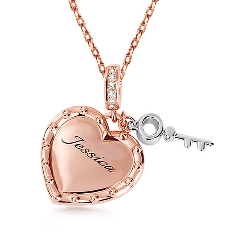 Gnoce "You Are My Key" Heart Personalized Necklace 18k Rose Gold Sterling Silver Engravable Name Necklace_1