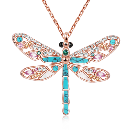 Turquoise Dragonfly Necklace 925 Sterling Silver Rose Gold Plated Inlaid with Colorful CZ Stones_1