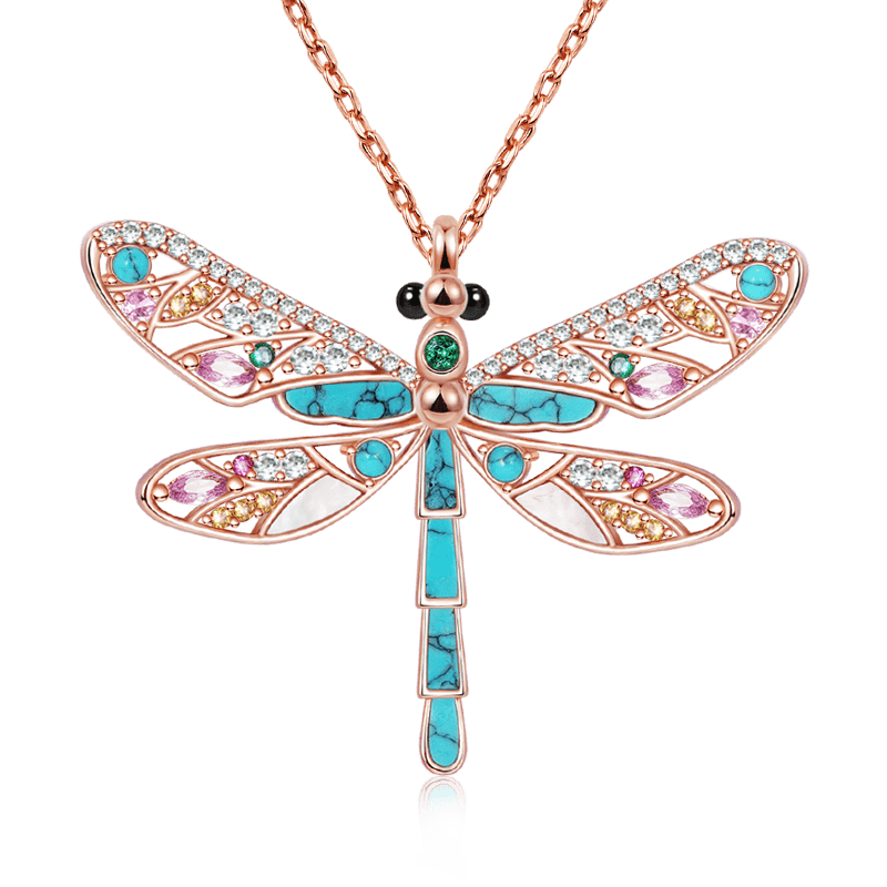 Turquoise Dragonfly Necklace 925 Sterling Silver Rose Gold Plated Inlaid with Colorful CZ Stones_1