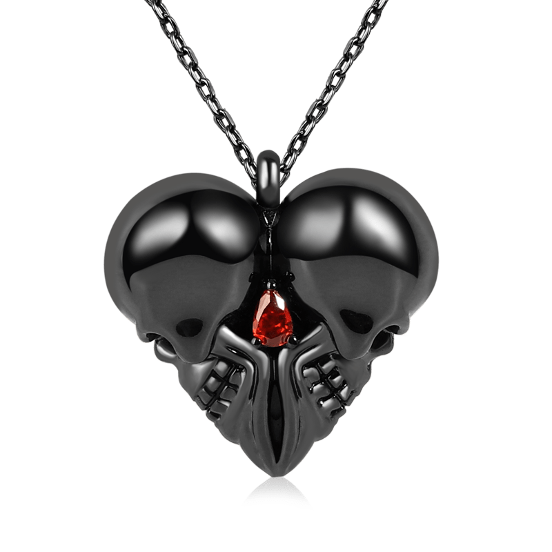 Heart Shaped Double Skull Necklace 925 Sterling Silver with Red Stone_1