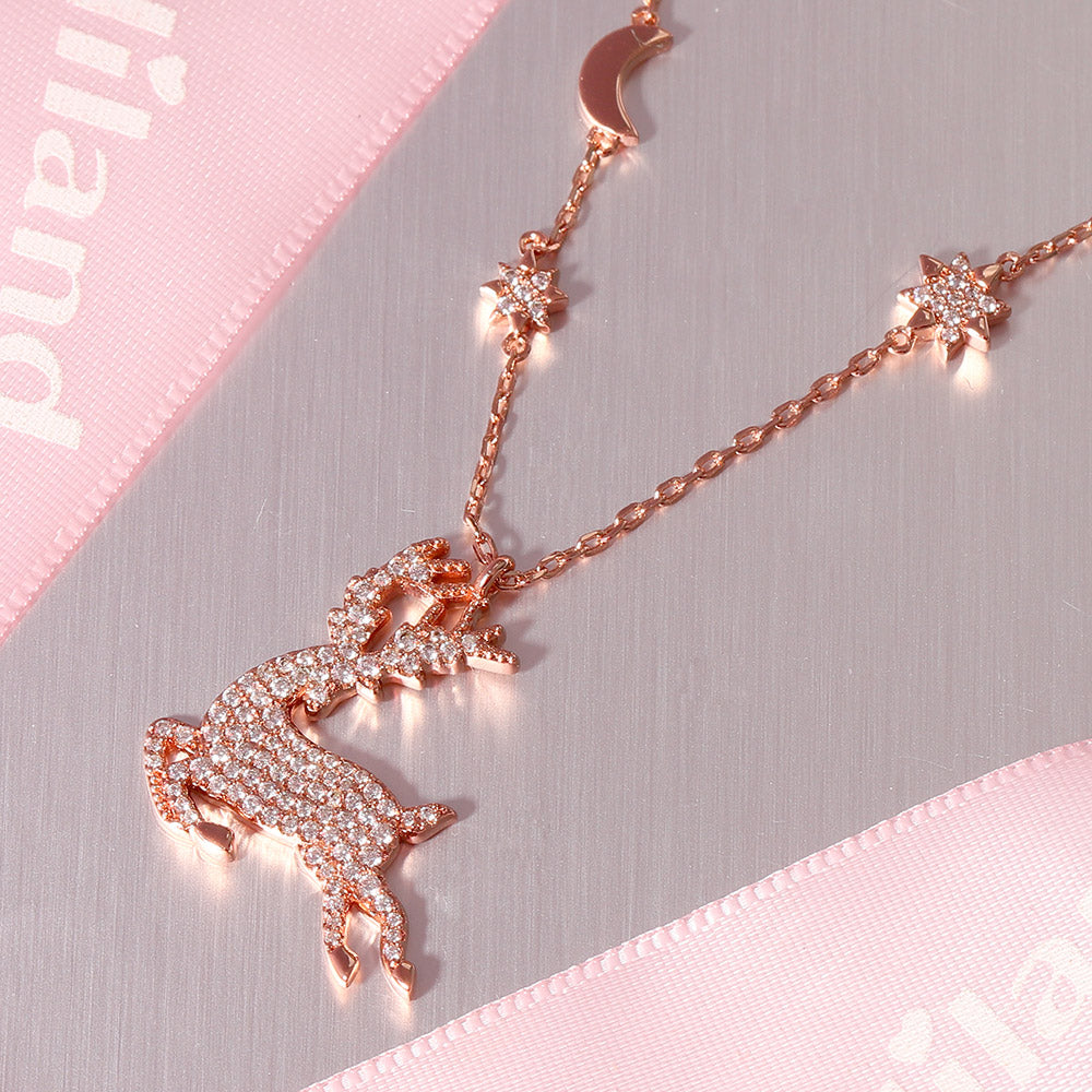 Elk Necklace Sterling Silver 18k Rose Gold Plated Paved with Stones_2