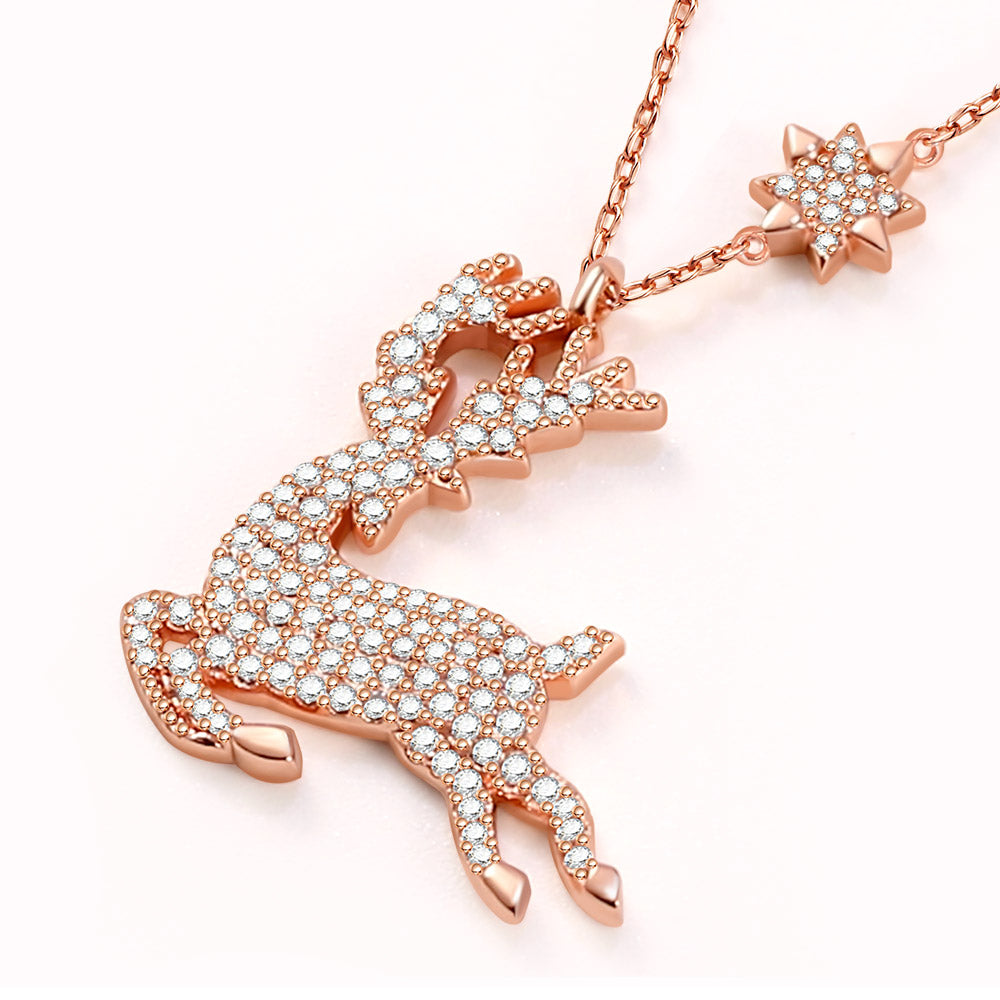 Elk Necklace Sterling Silver 18k Rose Gold Plated Paved with Stones_3