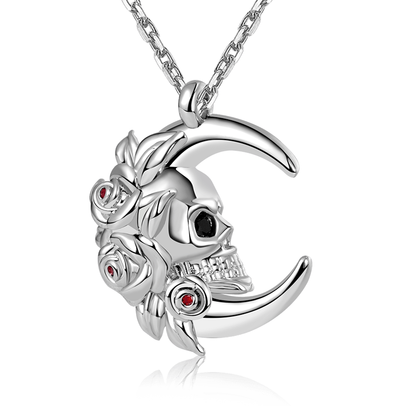Moon Skull with Roses Necklace Sterling Silver_1