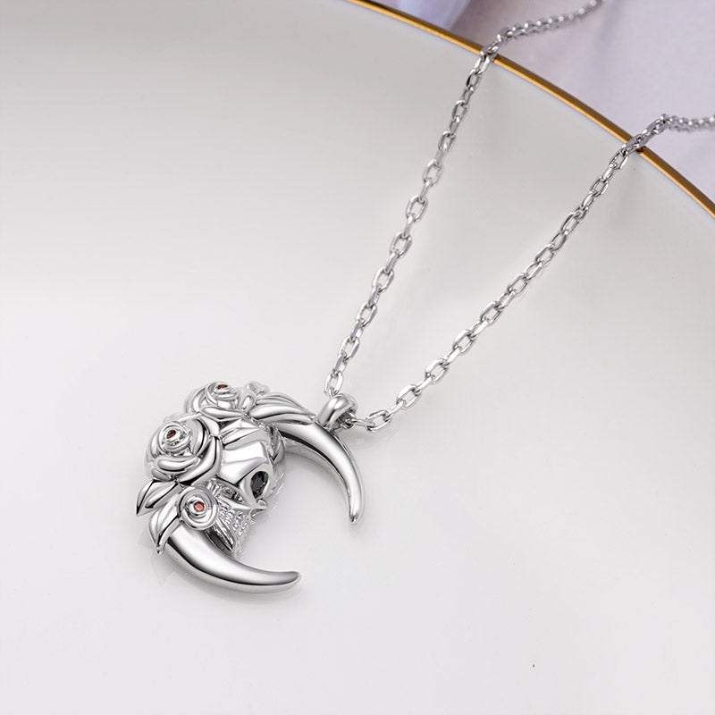 Moon Skull with Roses Necklace Sterling Silver_2