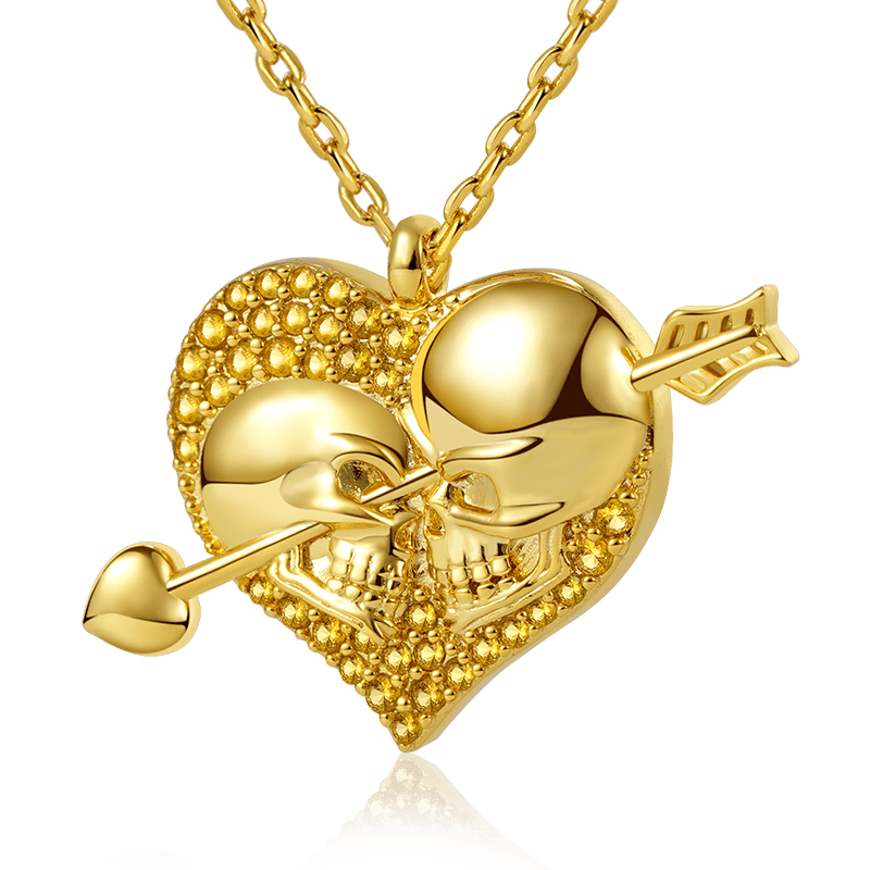 Arrow Through Heart Skull Necklace 18k Gold Plated Sterling Silver_1