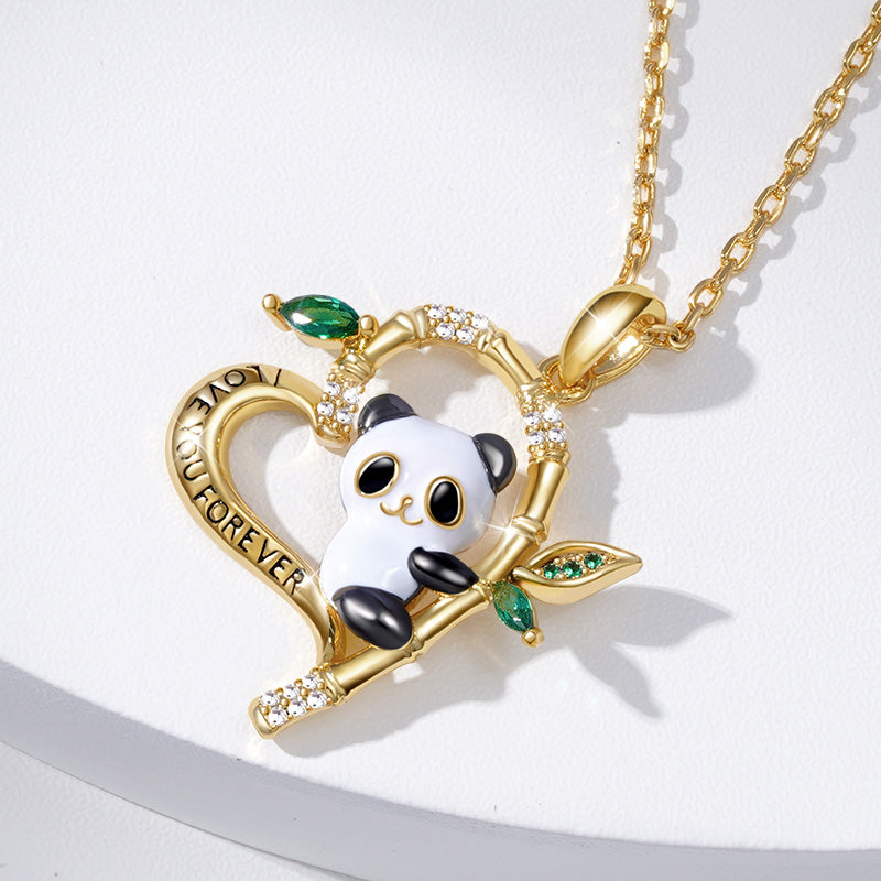 "I Love You Forever" Panda on Bamboo Heart Shaped Necklace 18K Gold Plated CZ Gemstones Inlaid_3