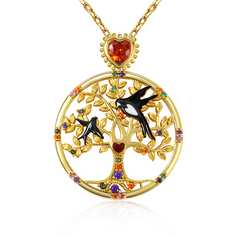 Tree of Life Necklace with Heart Ruby and Colorful Gemstones Sterling Silver 18K Gold Plated_1