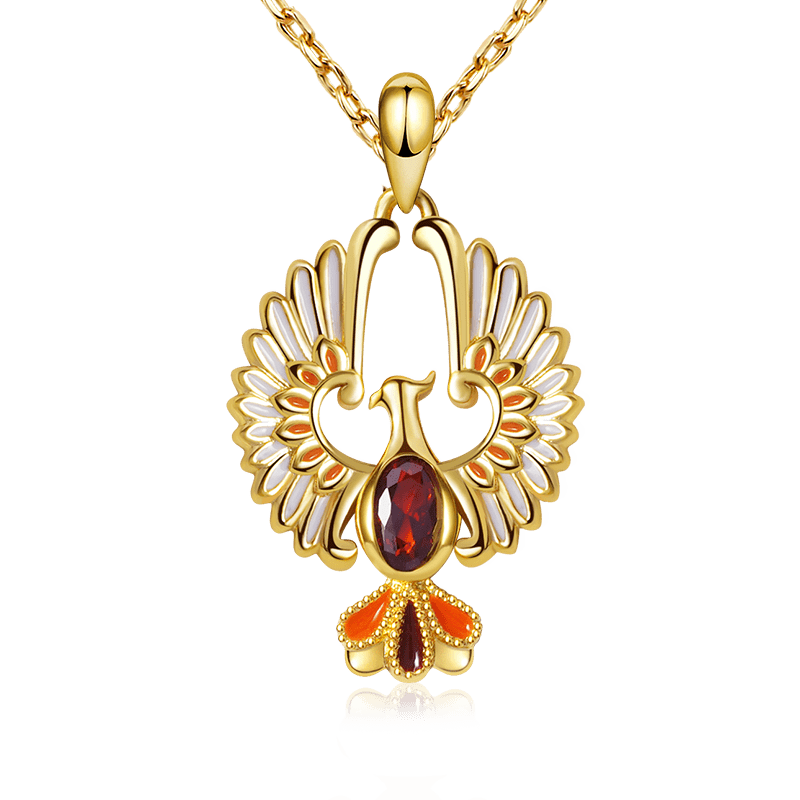 Golden Phoenix Necklace Sterling Silver 18k Gold Plated inlaid with Oval Cut Ruby_1