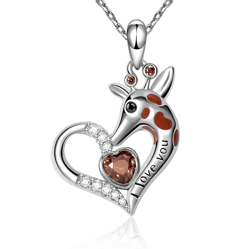 "I Love you" Giraffe Heart Necklace with Heart Shape Ruby Sterling Silver_1