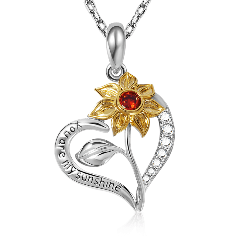 Sunflower "You Are My Sunshine" Heart Necklace Sterling Silver Inlaid with Ruby and Crystal Gems_1