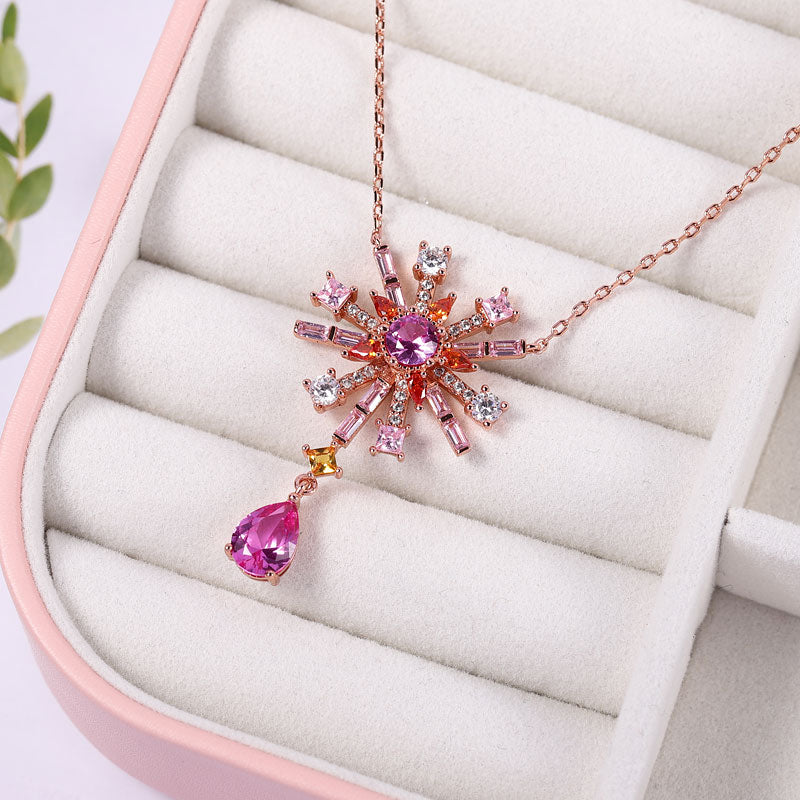 Bead Flowers & Pear-cut Necklace Copper 18K Rose Gold Plated Inlaid with Colorful Gemstones_3