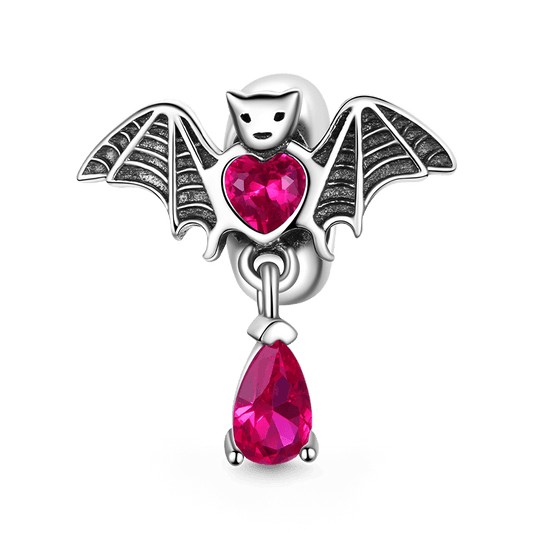 Bat Embrace Heart Stopper for Charm Bracelets 925 Sterling Silver with Fuchsia Teardrop Rhinestone Dangle_1