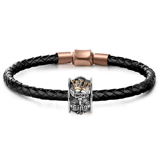 Skull King Charm Vintage Bead S925 Sterling Silver with Gift Copper Black Leather Men's Bracelet Jewelry for Men_1