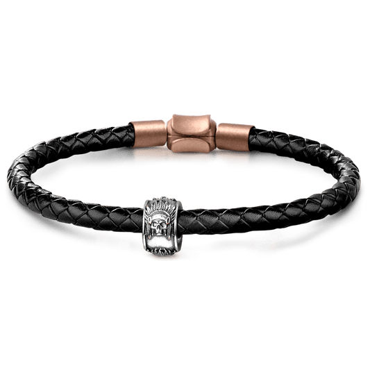 Indian Chief Skull Men's Vintage Bead S925 Sterling Silver with Gift Copper Black Leather Men's Bracelet Jewelry for Men_1