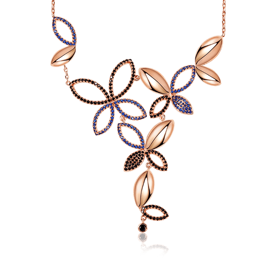 Butterfly Petals Necklace Copper 18K Rose Gold Plated Inlaid with Black & Blue CZ Stones_1