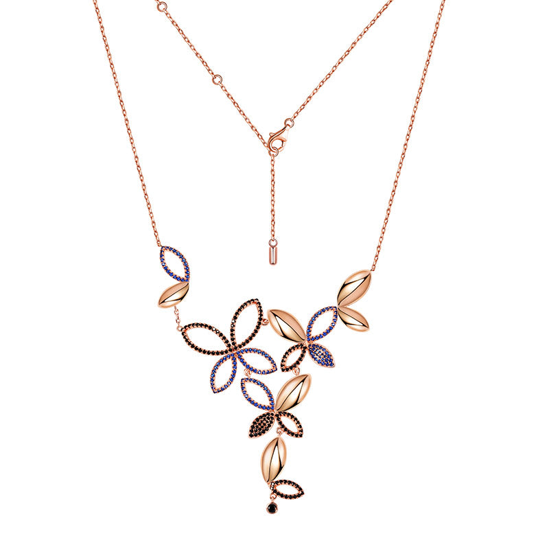 Butterfly Petals Necklace Copper 18K Rose Gold Plated Inlaid with Black & Blue CZ Stones_2