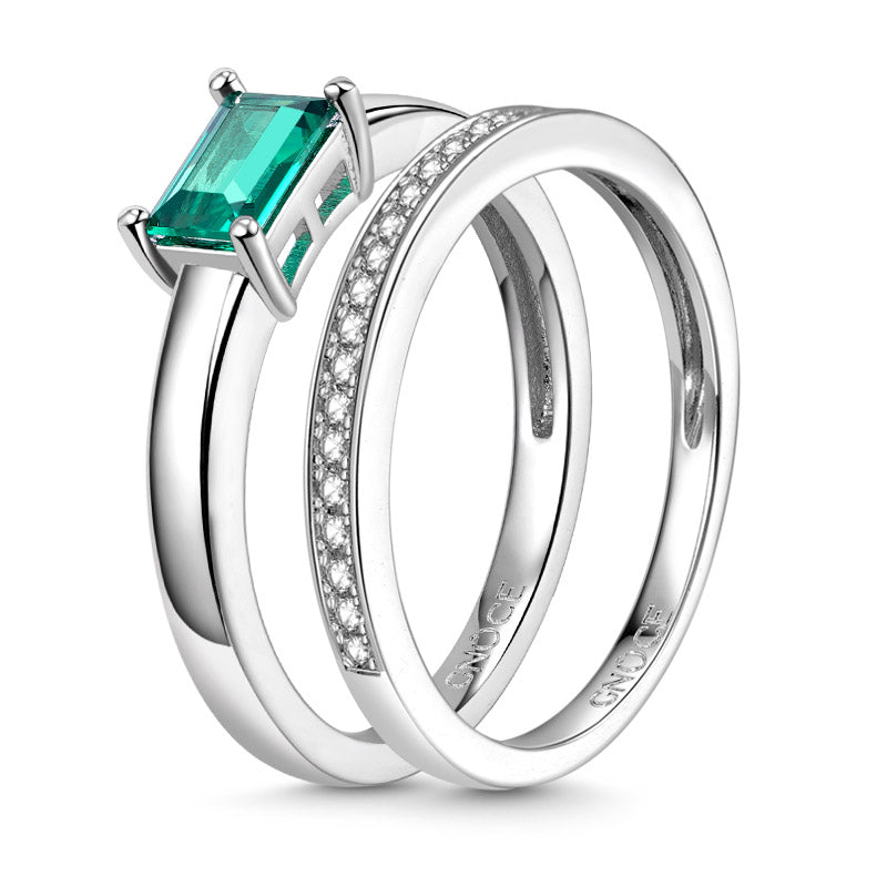 Green Rectangle-cut Shimmering Stackable Ring Set 925 Sterling Silver_2