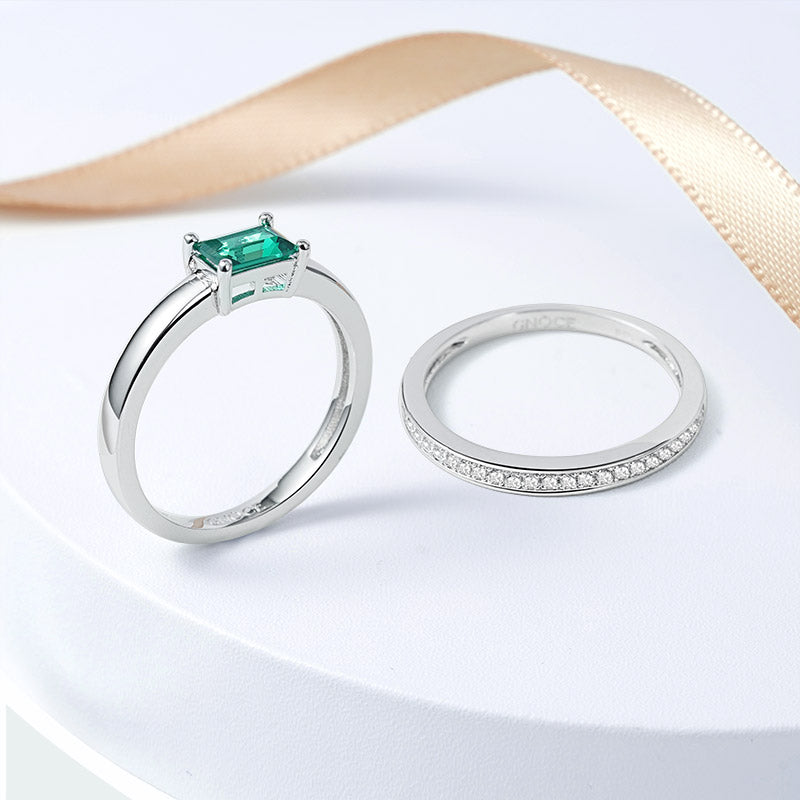 Green Rectangle-cut Shimmering Stackable Ring Set 925 Sterling Silver_4