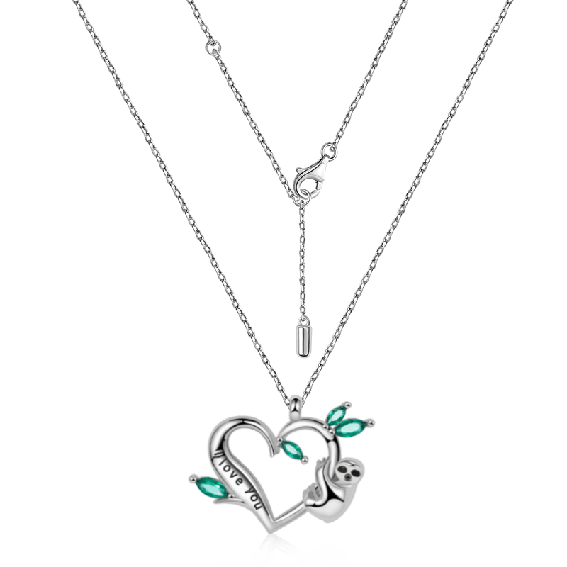Sloth Necklace 925 Sterling Silver with "I Love You" Engravings and Green Gemstones_2