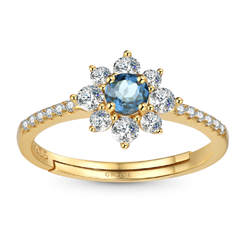 Adjustable Nature Blue Topaz Gemstone Flower Halo Ring 925 Sterling Silver 18k Gold Plated Inlaid with Clear CZ Stones_1
