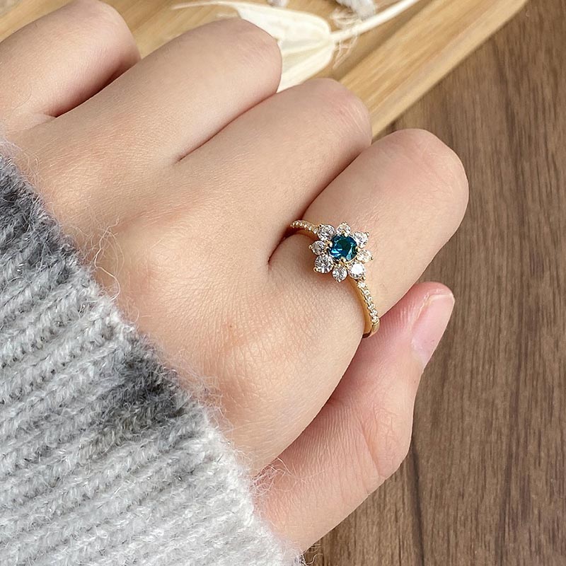 Adjustable Nature Blue Topaz Gemstone Flower Halo Ring 925 Sterling Silver 18k Gold Plated Inlaid with Clear CZ Stones_3