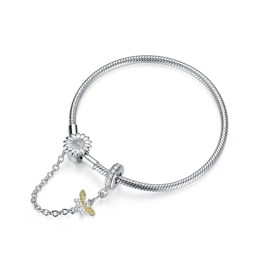 Bracelet with Safety Chain 925 Sterling Silver Sunflower & Bee Elements_1