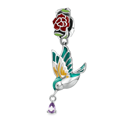"Spring is Coming" Bird Flower Pendant Dangle Charm 925 Sterling Silver with Colorful Enamels_1