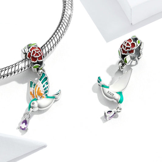 "Spring is Coming" Bird Flower Pendant Dangle Charm 925 Sterling Silver with Colorful Enamels_2