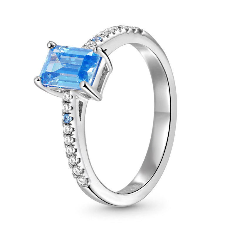 Blue Rectangle-Cut Ring 925 Sterling Silver Inlaid with Clear Gemstones_4