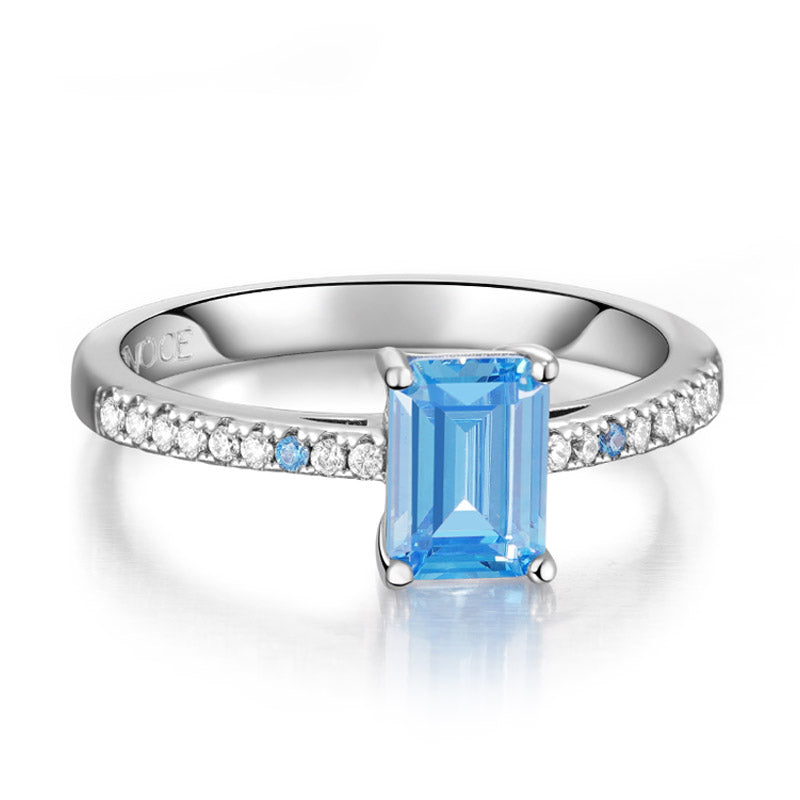 Blue Rectangle-Cut Ring 925 Sterling Silver Inlaid with Clear Gemstones_2