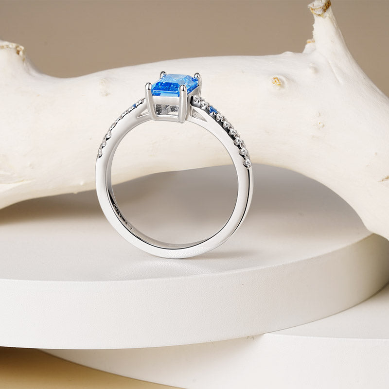 Blue Rectangle-Cut Ring 925 Sterling Silver Inlaid with Clear Gemstones_5