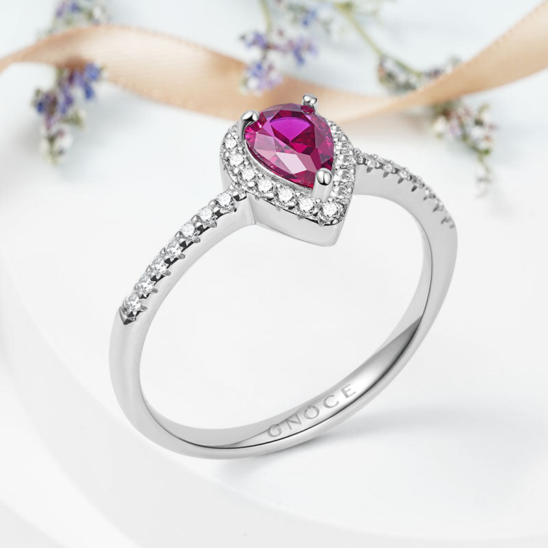 Fuxia Teardrop Halo Ring 925 Sterling Silver Inlaid with Clear Gemstones_5