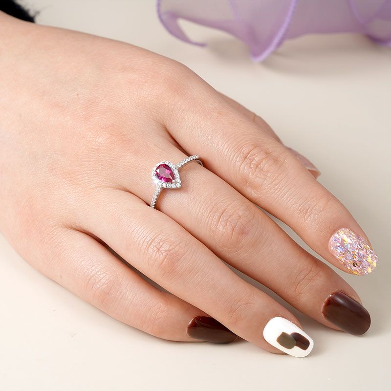 Fuxia Teardrop Halo Ring 925 Sterling Silver Inlaid with Clear Gemstones_6
