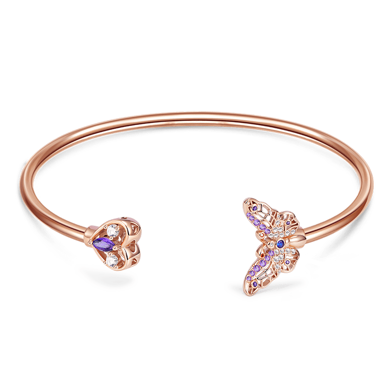 Butterfly & Love Heart Open Bangle Bracelet Lead-free ECO Copper 18K Rose Gold Plated Inlaid with Colorful CZ Stones_1