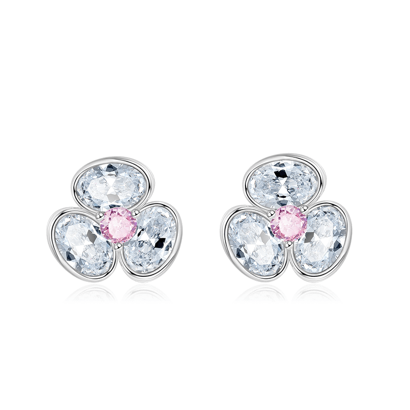 Three-petal Flower Stud Earrings 925 Sterling Silver Inlaid with Clear CZ Stones_1