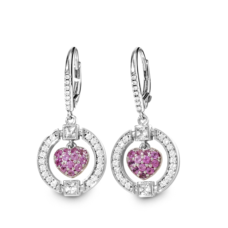 Pink Heart in Circle Dangle Leverback Earrings 925 Sterling Silver Inlaid with Clear CZ Stones_1