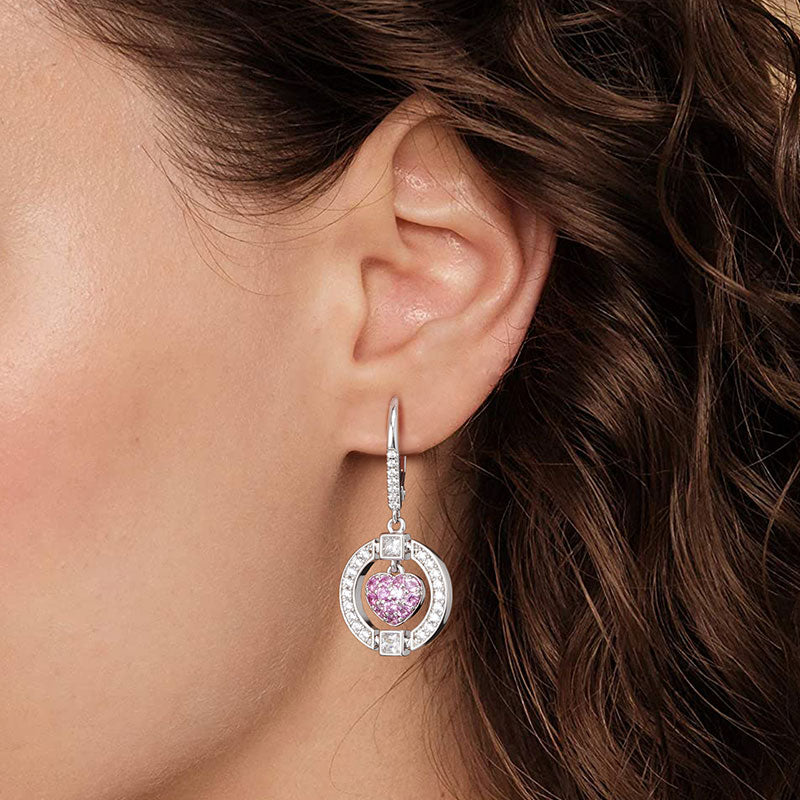 Pink Heart in Circle Dangle Leverback Earrings 925 Sterling Silver Inlaid with Clear CZ Stones_4