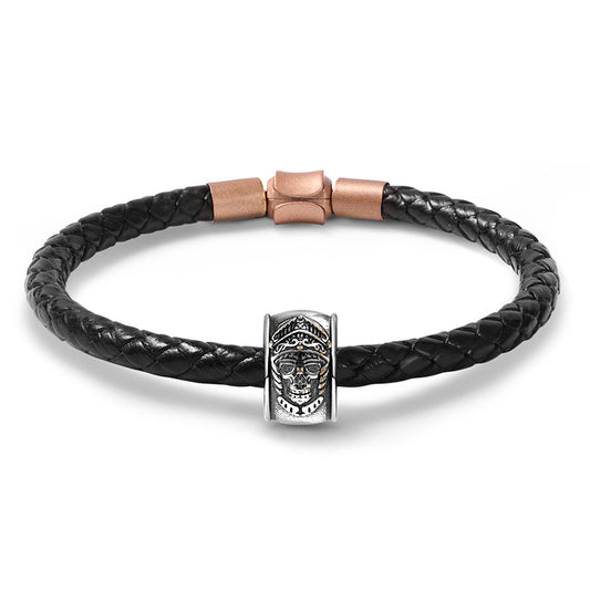 Skeleton Knight Armor Vintage Bead S925 Sterling Silver with Gift Copper Black Leather Men's Bracelet Jewelry for Men_1
