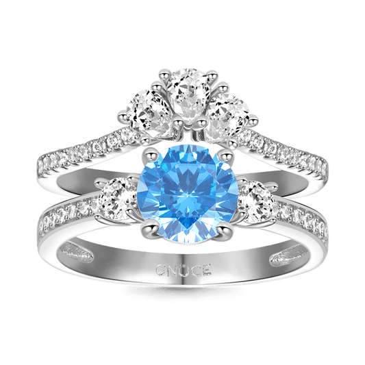 Gnoce Classic Blue Round-cut Sparkle Wishbone Ring Set_1