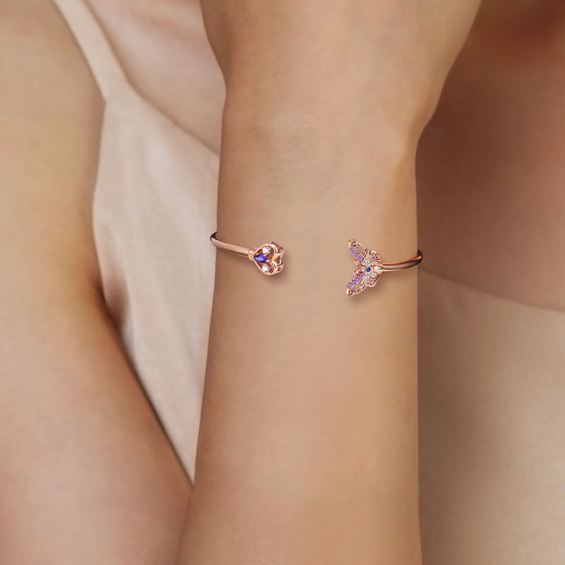 Butterfly & Love Heart Open Bangle Bracelet Lead-free ECO Copper 18K Rose Gold Plated Inlaid with Colorful CZ Stones_4