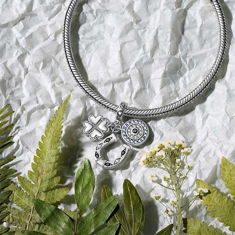 Gnoce Horseshoe, Clover & Devil's Eye Triple Pendant Dangle Charm_3