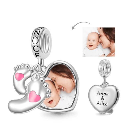 Gnoce Baby Footprints & Love Heart Engravable Photo Double Pendant Dangle Charm_1