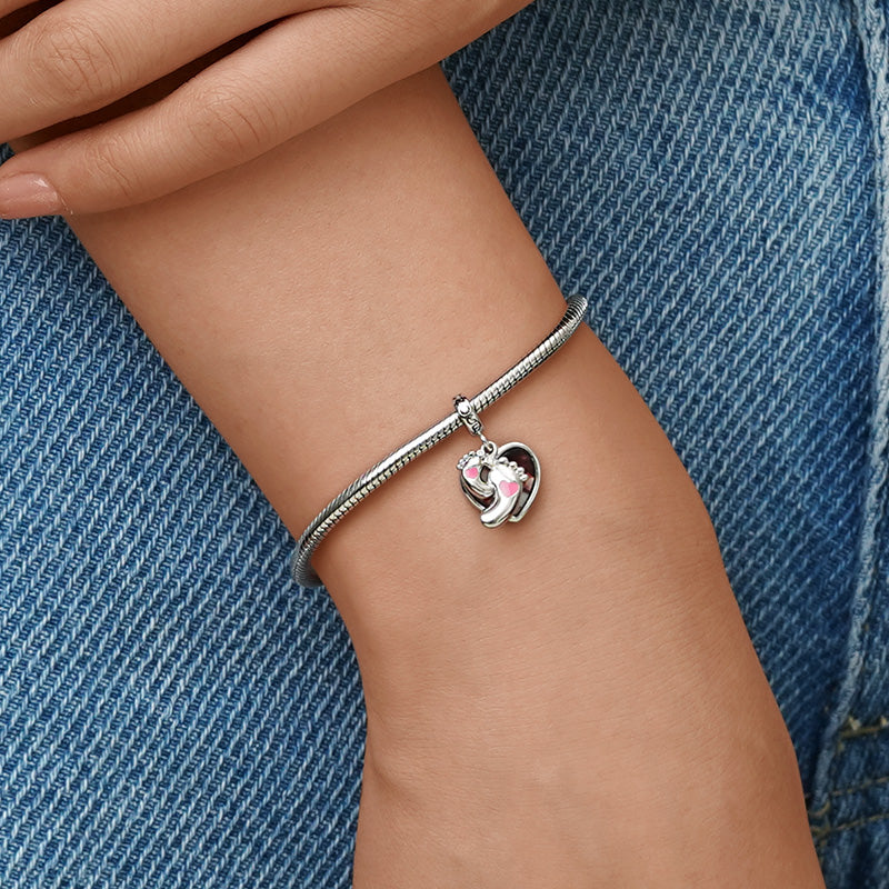 Gnoce Baby Footprints & Love Heart Engravable Photo Double Pendant Dangle Charm_4