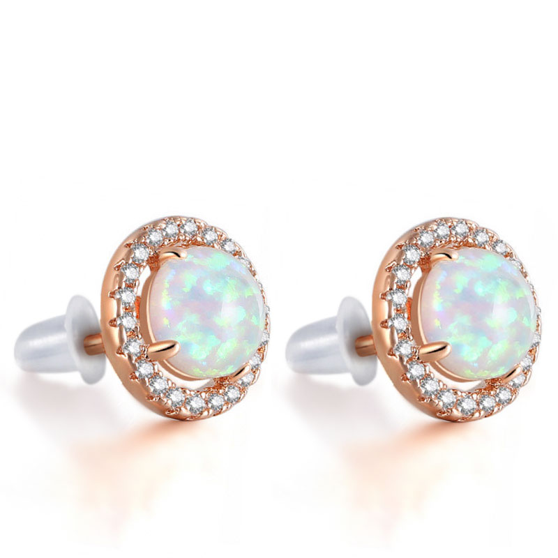 Round Stud Earrings with Opal Zircon Stone Rose Gold Plated Brass_2