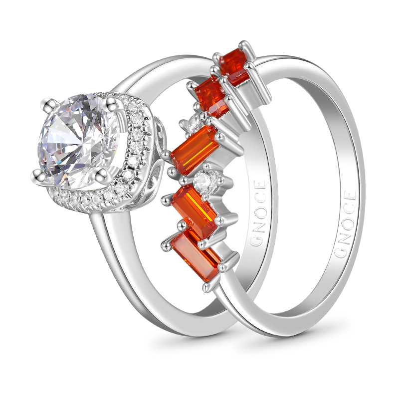 Gnoce Clear Square Cut with Multi Orange Stackable Ring Set_2