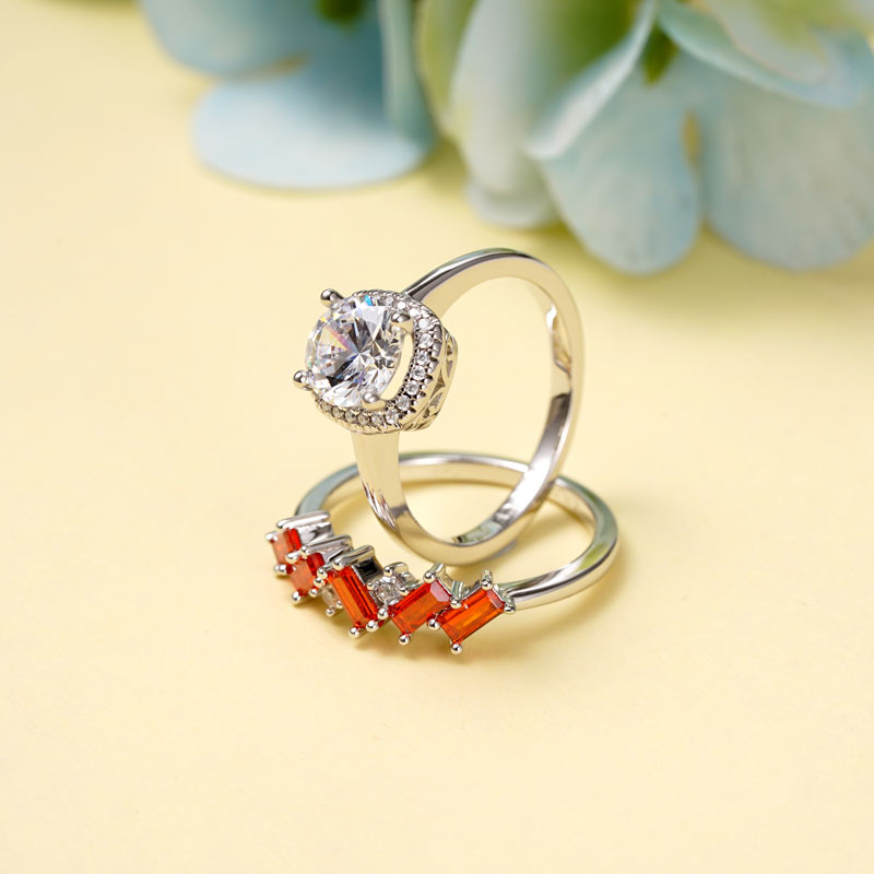 Gnoce Clear Square Cut with Multi Orange Stackable Ring Set_3