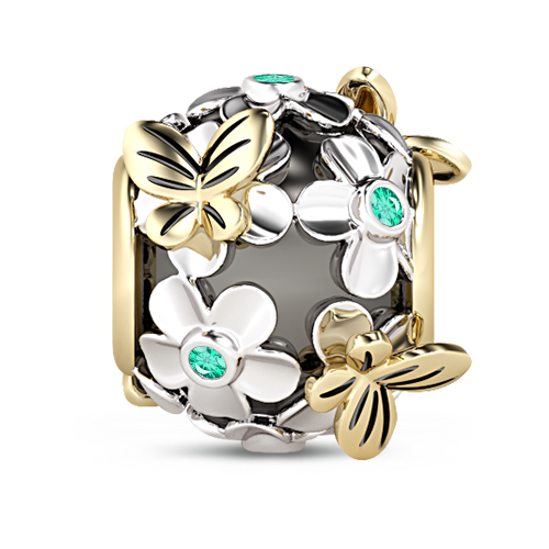 Gnoce  "Butterfly Love Flower" Silver Flower Gold Butterfly Plated Green Sapphire 925 Sterling Silver Nature Theme Bead_1