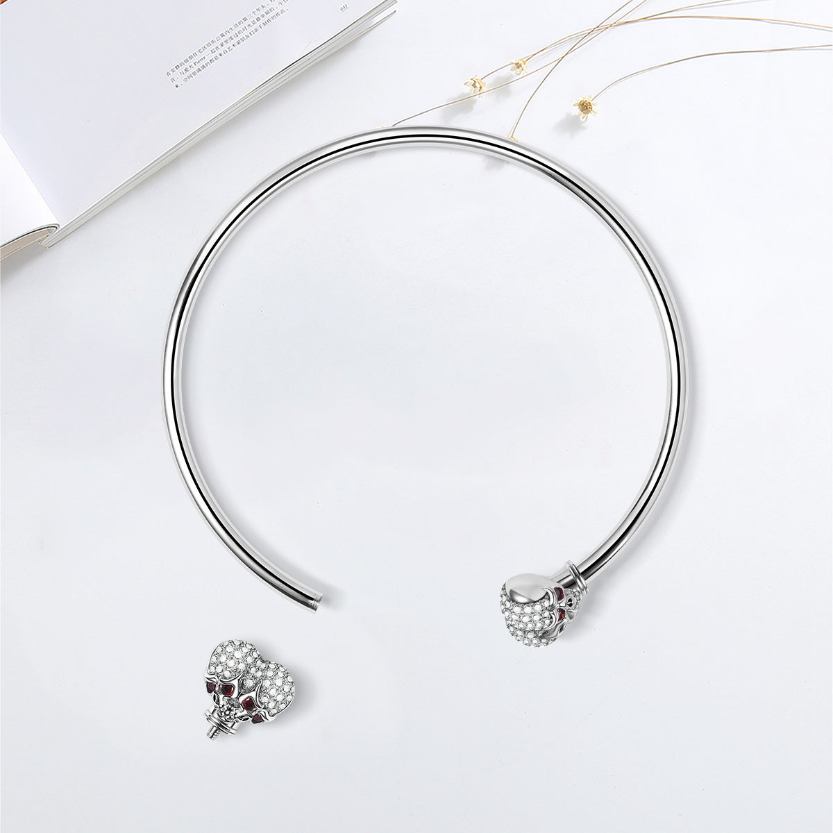 Heart-shaped Skulls Cap End Removable Bangle Bracelet Sterling Silver Inlaid with Gems_2