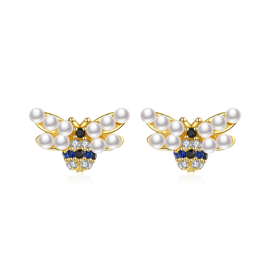 Pearl Bee Earrings Copper Inlaid Black Blue Zircons_1
